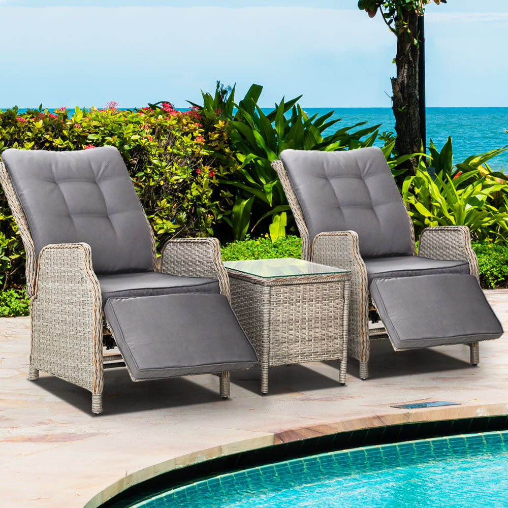 Kaedra 3-Piece Recliner Chairs Table Sun lounge Outdoor Furniture Wicker Adjustable - Grey