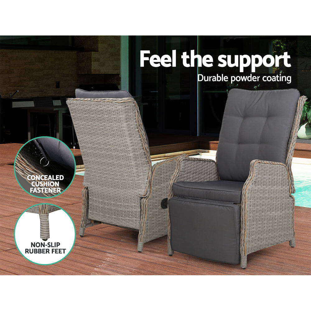 Kaedra 3-Piece Recliner Chairs Table Sun lounge Outdoor Furniture Wicker Adjustable - Grey