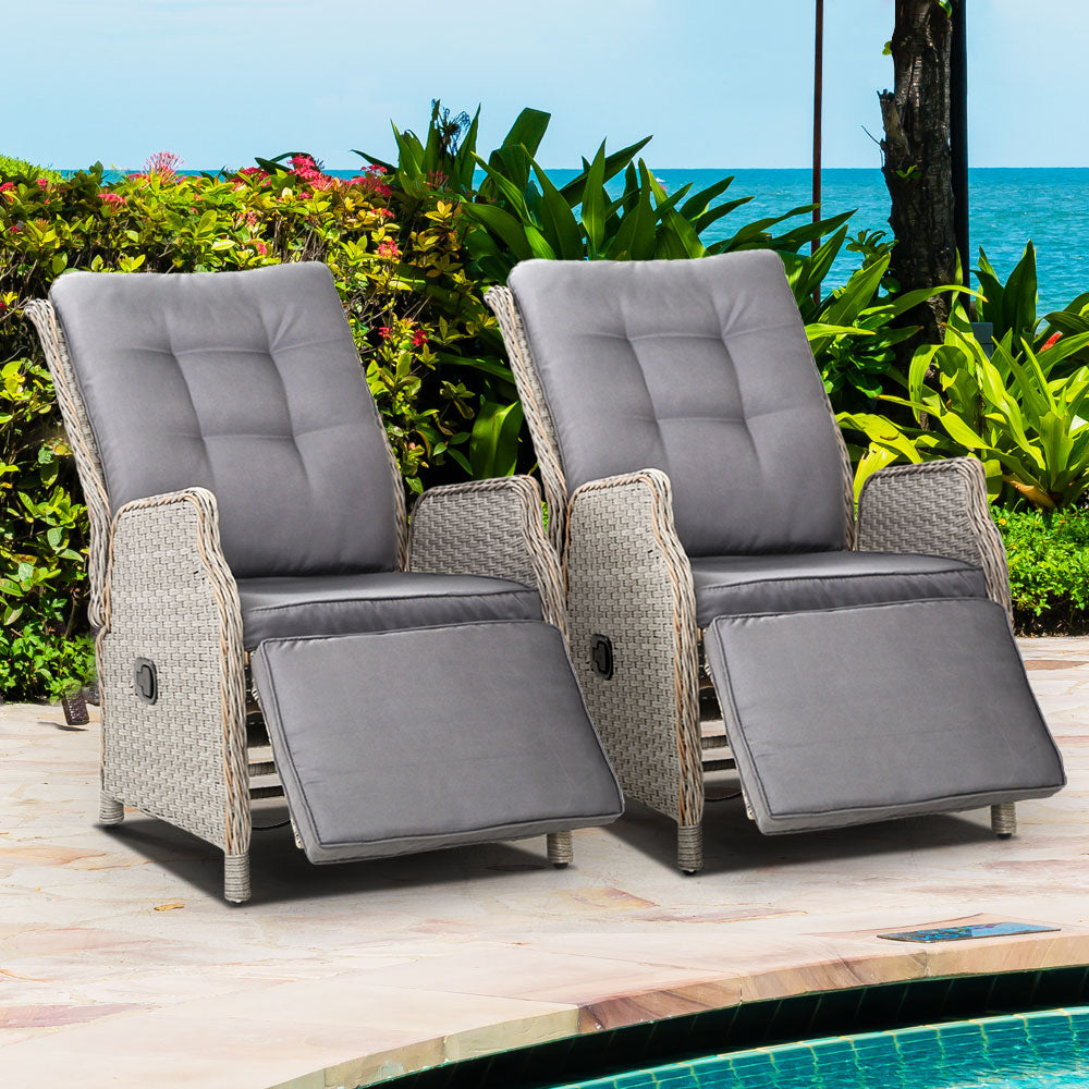 Moore Set of 2 Recliner Chairs Setting Outdoor Furniture Patio Wicker Sofa - Grey