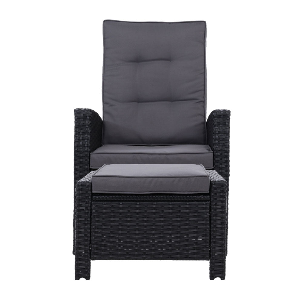 Dursley Set of 2 Recliner Chair Outdoor Furniture Setting Patio Wicker Sofa Chair and Ottoman - Black