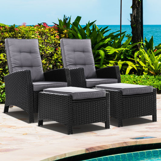 Dursley Set of 2 Recliner Chair Outdoor Furniture Setting Patio Wicker Sofa Chair and Ottoman - Black