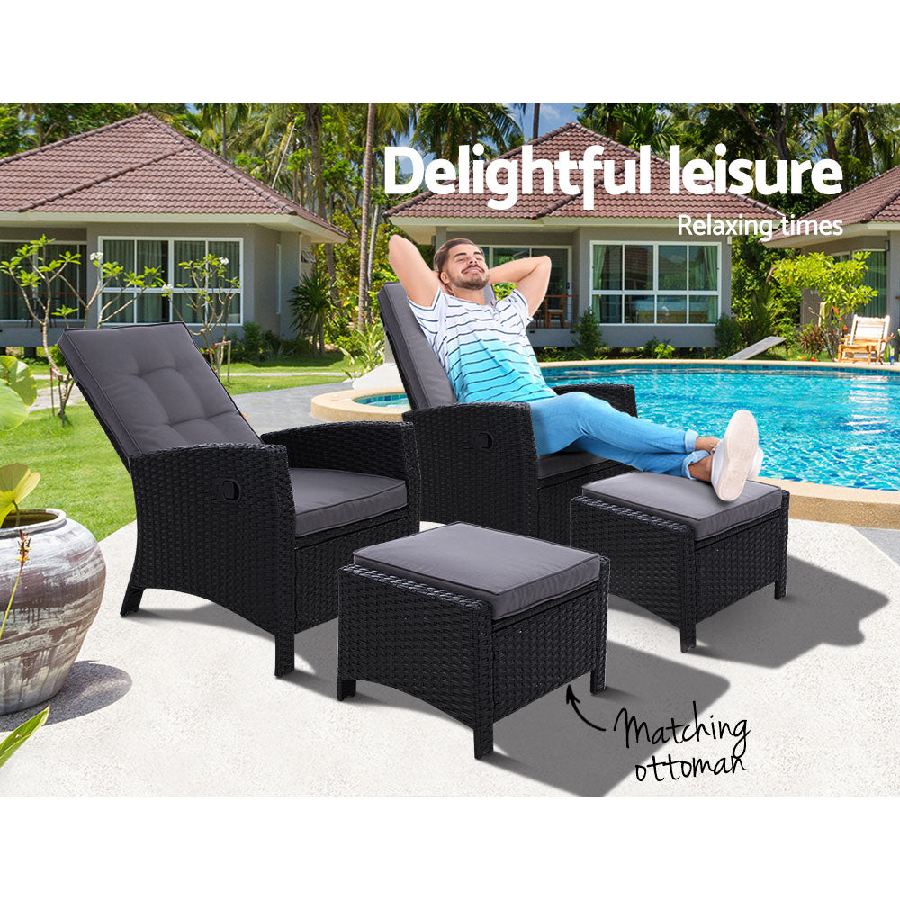 Dursley Set of 2 Recliner Chair Outdoor Furniture Setting Patio Wicker Sofa Chair and Ottoman - Black