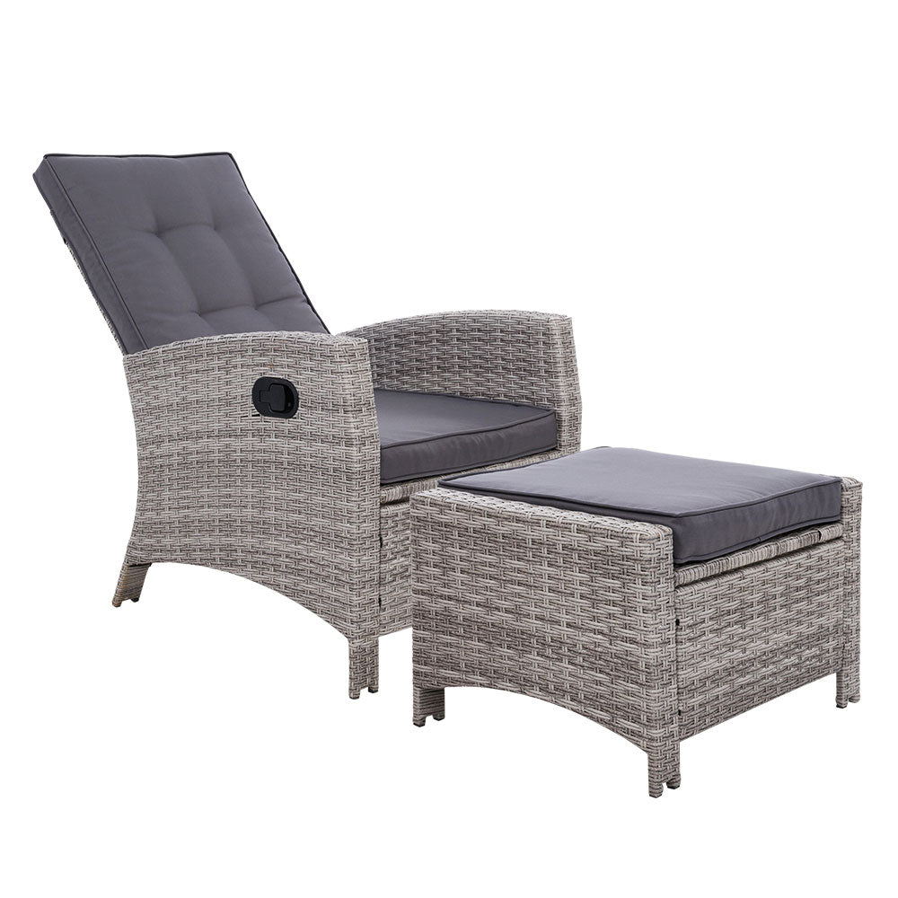 Dursley Recliner Chair Outdoor Furniture Setting Patio Wicker Sofa Chair and Ottoman - Grey