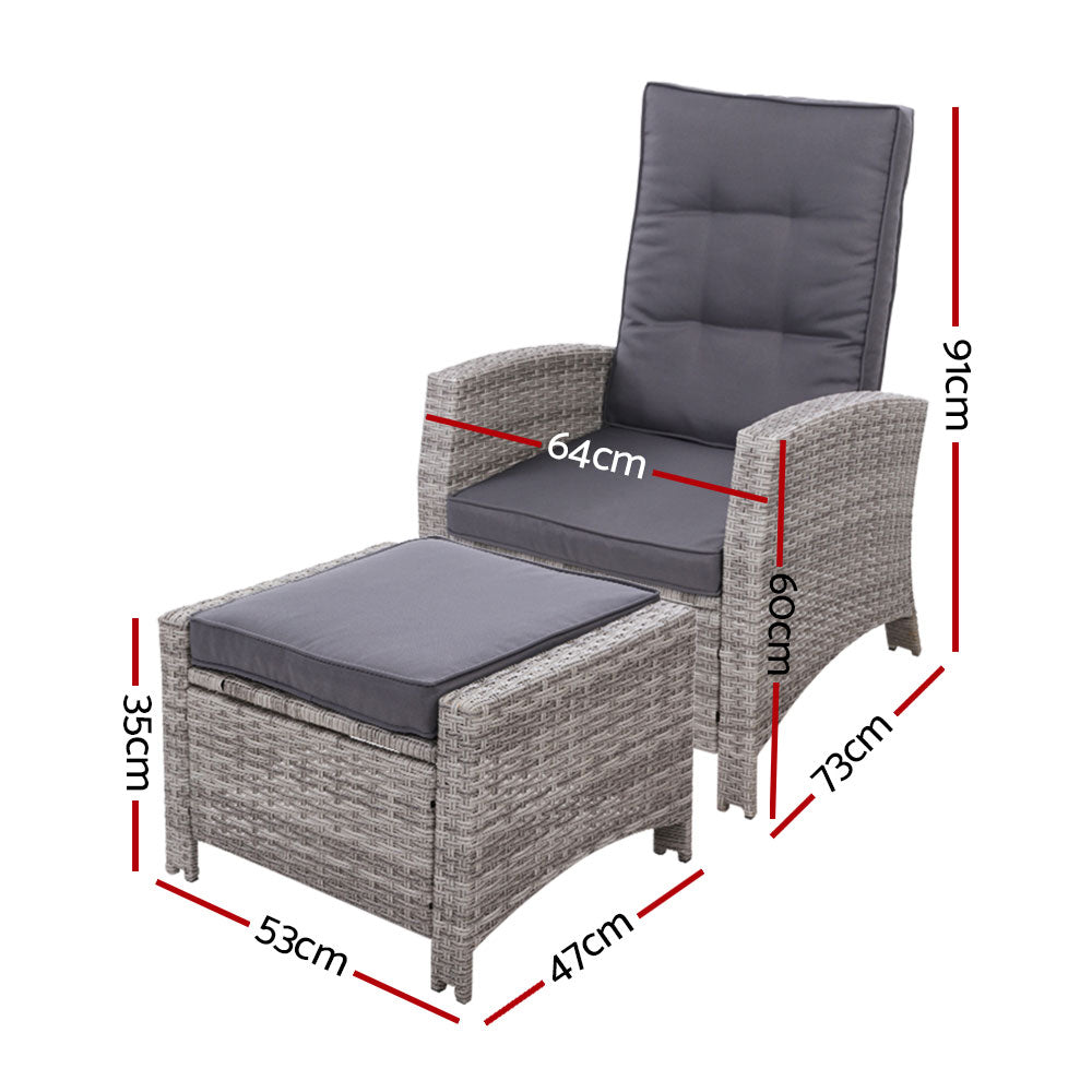 Dursley Recliner Chair Outdoor Furniture Setting Patio Wicker Sofa Chair and Ottoman - Grey