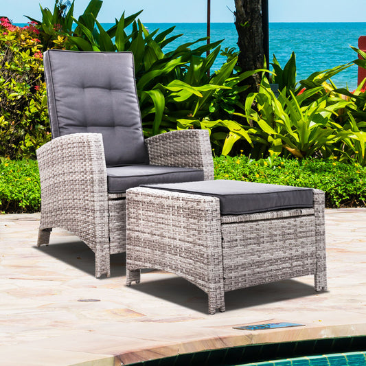 Dursley Recliner Chair Outdoor Furniture Setting Patio Wicker Sofa Chair and Ottoman - Grey