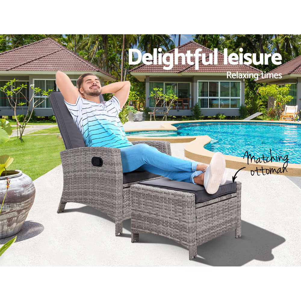 Dursley Recliner Chair Outdoor Furniture Setting Patio Wicker Sofa Chair and Ottoman - Grey