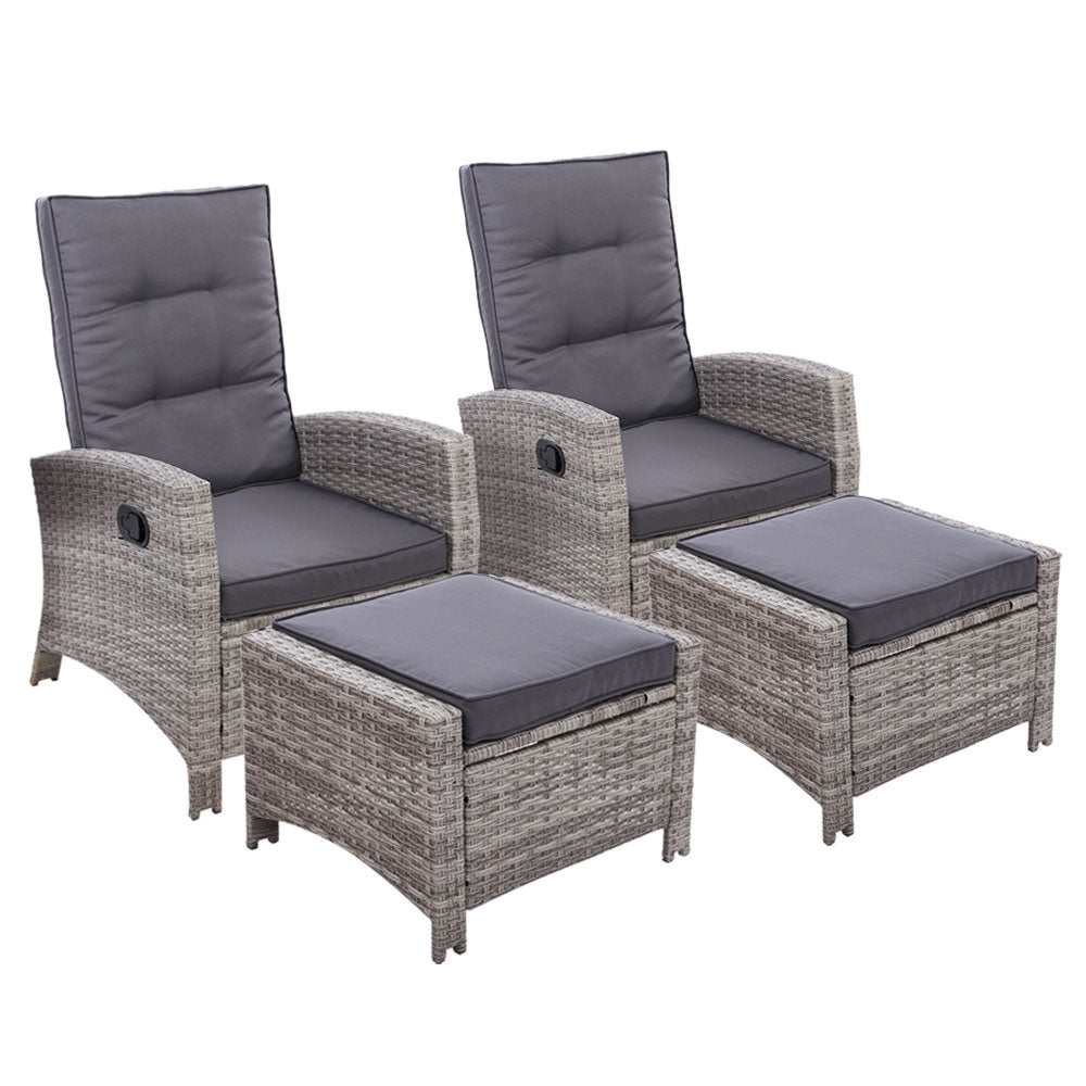 Dursley Set of 2 Recliner Chair Outdoor Furniture Setting Patio Wicker Sofa Chair and Ottoman - Grey