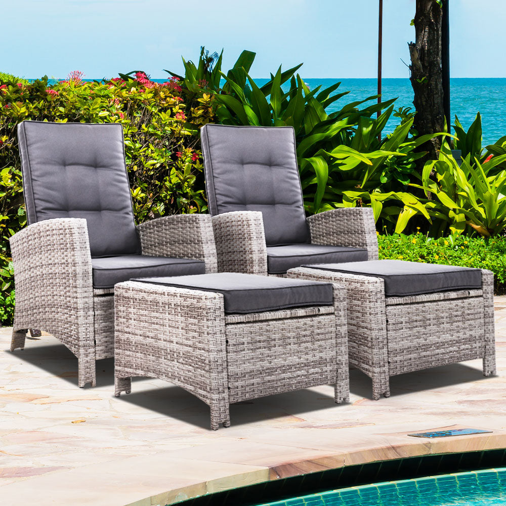 Dursley Set of 2 Recliner Chair Outdoor Furniture Setting Patio Wicker Sofa Chair and Ottoman - Grey