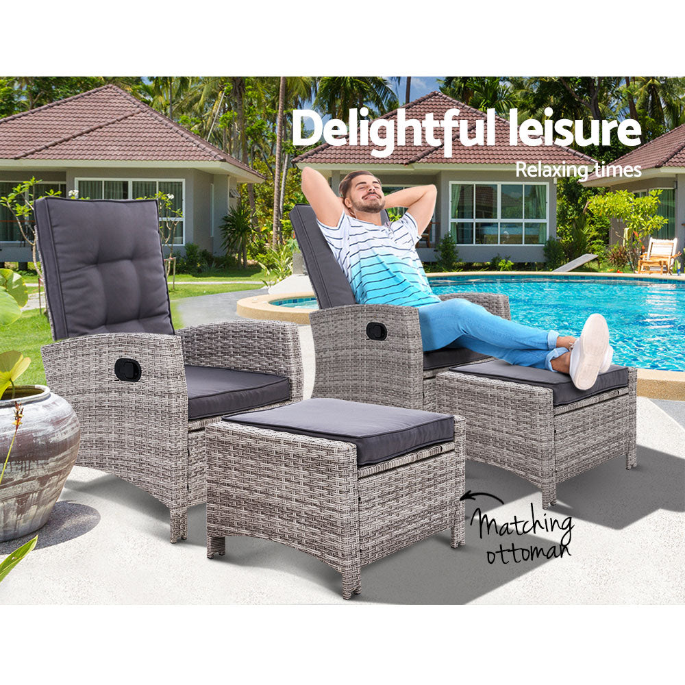 Dursley Set of 2 Recliner Chair Outdoor Furniture Setting Patio Wicker Sofa Chair and Ottoman - Grey