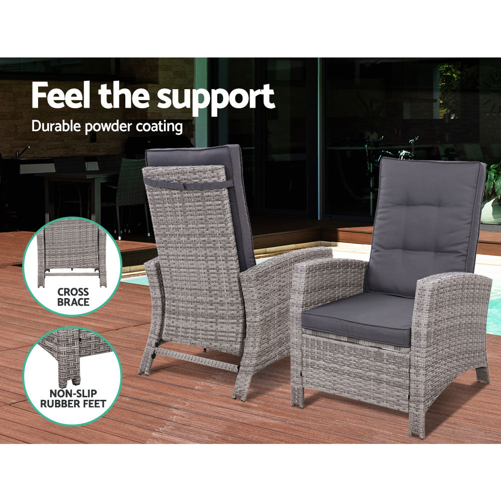 Dursley Set of 2 Recliner Chair Outdoor Furniture Setting Patio Wicker Sofa Chair and Ottoman - Grey