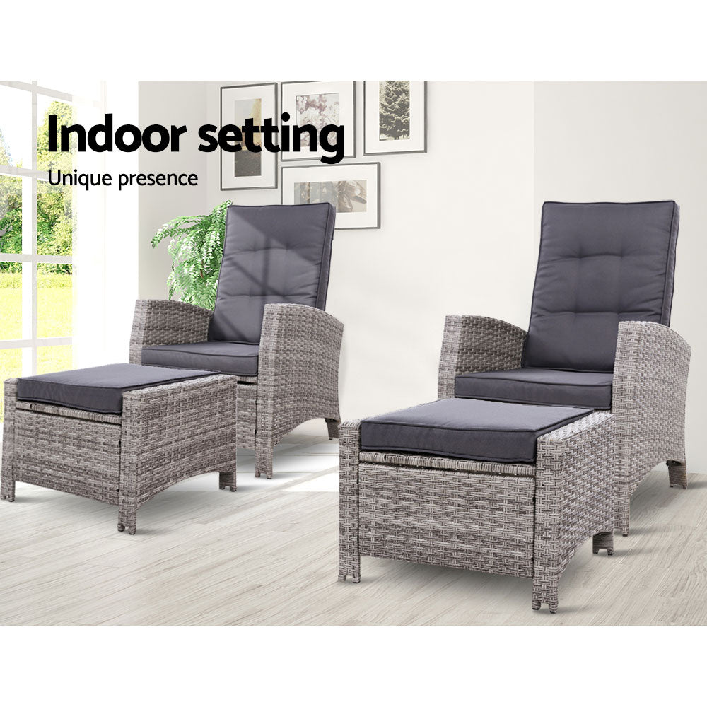 Dursley Set of 2 Recliner Chair Outdoor Furniture Setting Patio Wicker Sofa Chair and Ottoman - Grey