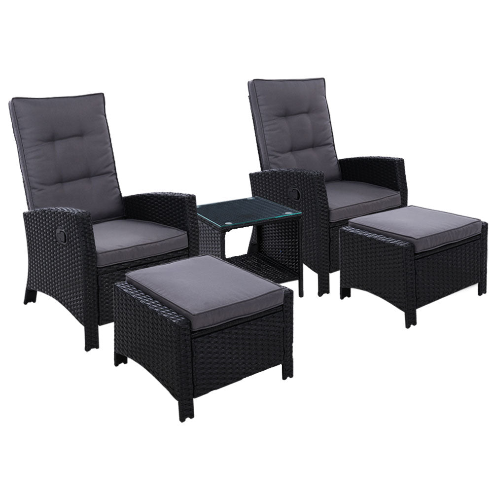 Ross 5-Piece Recliner Chair Outdoor Furniture Setting Patio Wicker Sofa Chair and Ottoman - Black