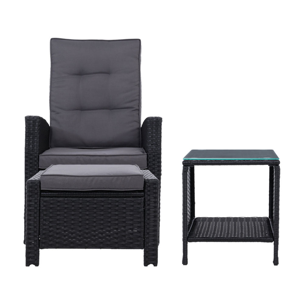 Ross 5-Piece Recliner Chair Outdoor Furniture Setting Patio Wicker Sofa Chair and Ottoman - Black