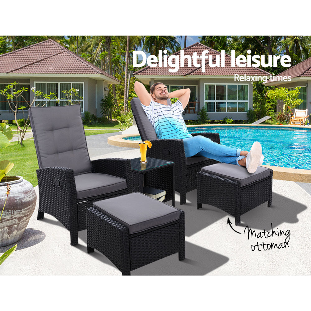 Ross 5-Piece Recliner Chair Outdoor Furniture Setting Patio Wicker Sofa Chair and Ottoman - Black