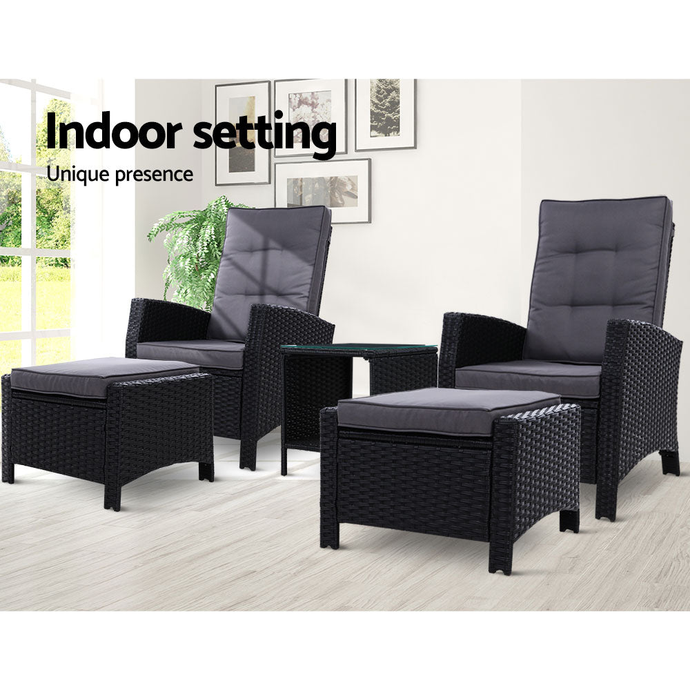 Ross 5-Piece Recliner Chair Outdoor Furniture Setting Patio Wicker Sofa Chair and Ottoman - Black