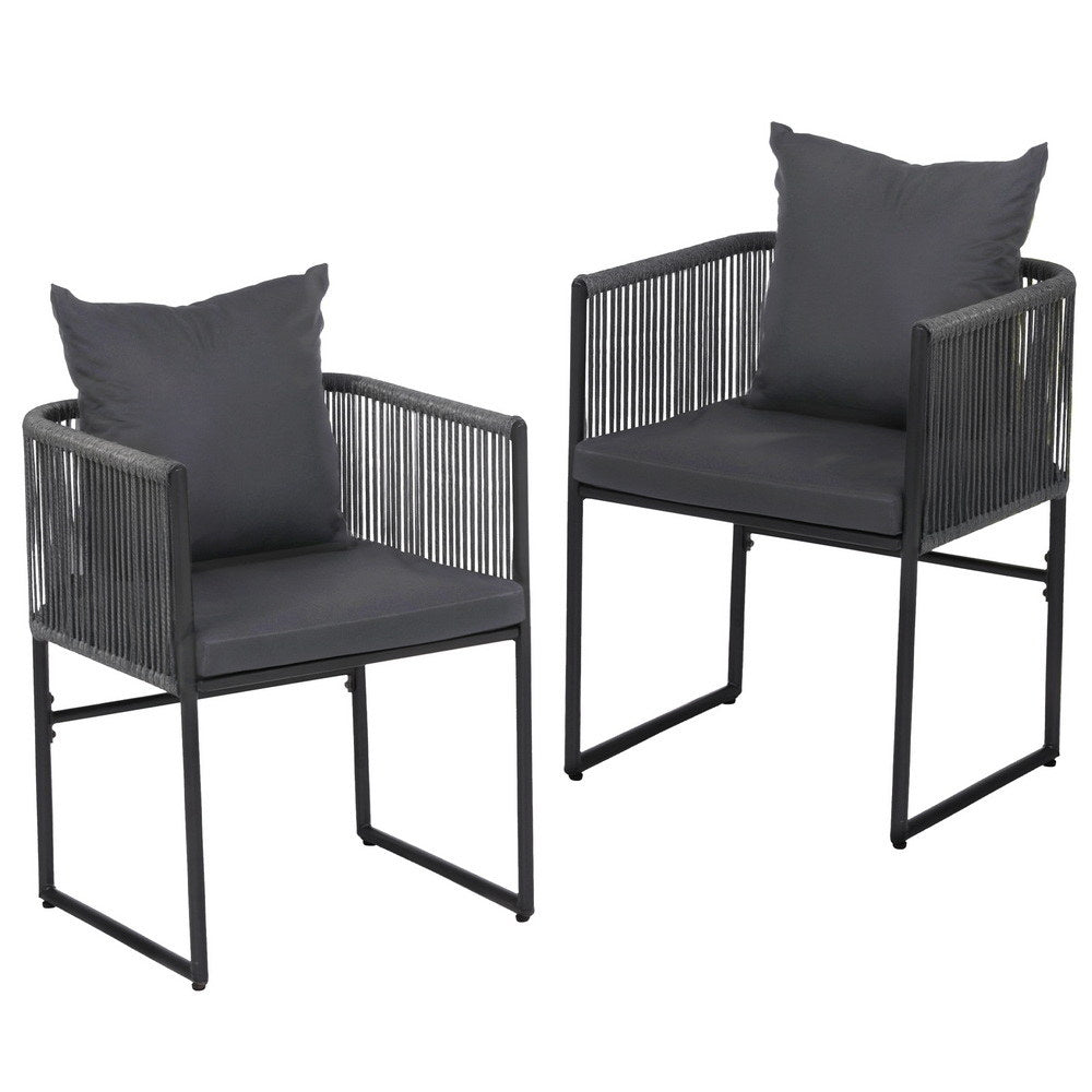 Wulfrun Set of 2 Outdoor Dining Chairs Woven Rope Chair Patio Furniture Garden Steel - Black