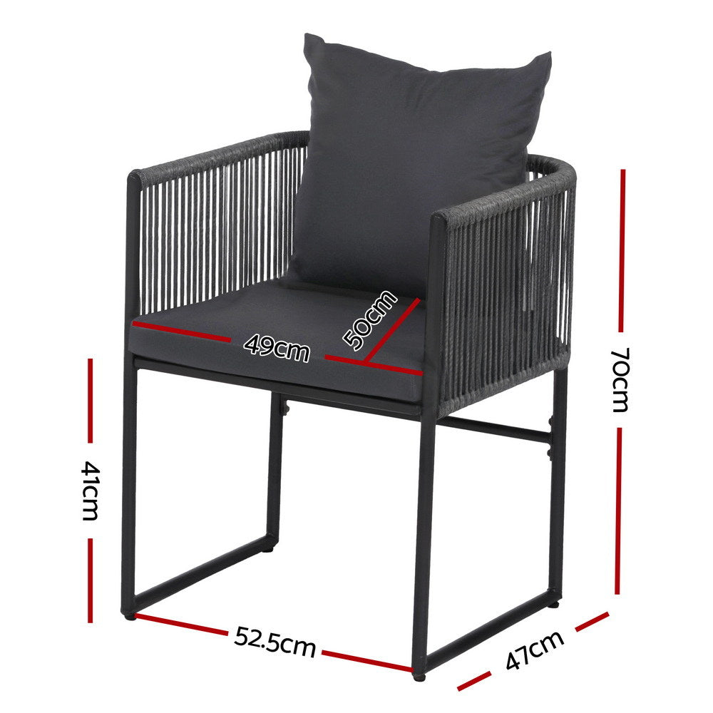 Wulfrun Set of 2 Outdoor Dining Chairs Woven Rope Chair Patio Furniture Garden Steel - Black