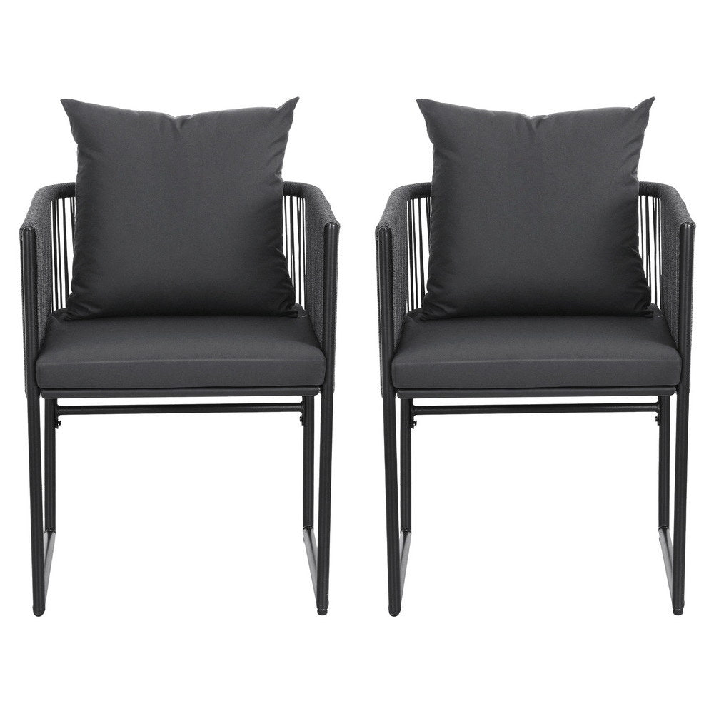 Wulfrun Set of 2 Outdoor Dining Chairs Woven Rope Chair Patio Furniture Garden Steel - Black