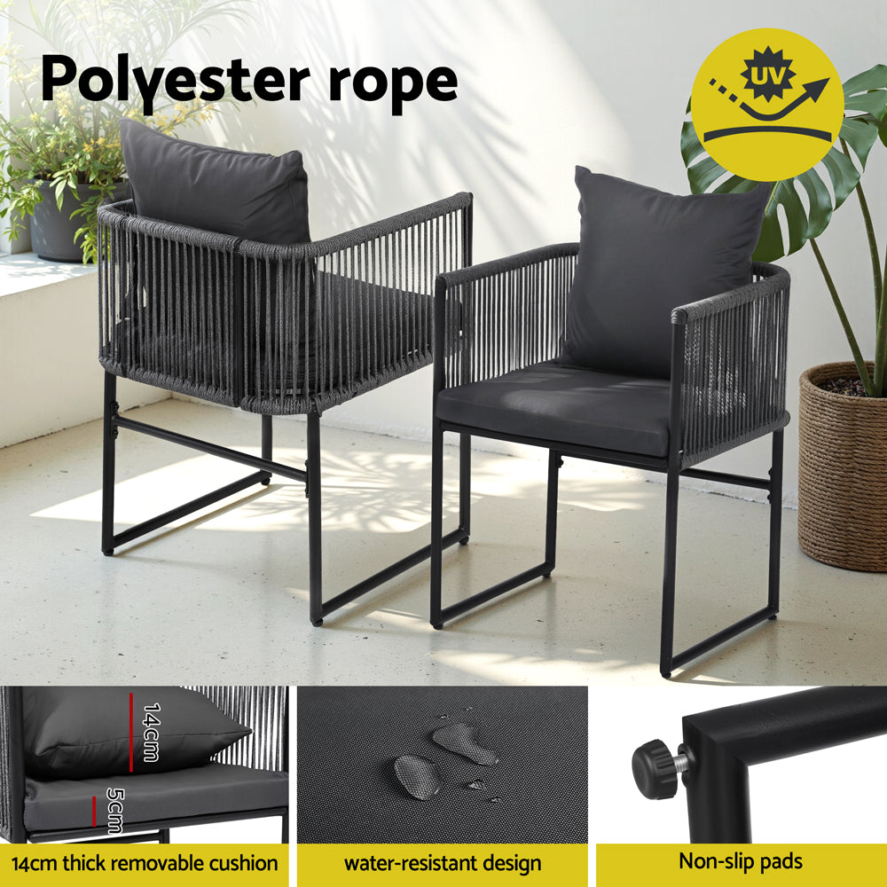 Wulfrun Set of 2 Outdoor Dining Chairs Woven Rope Chair Patio Furniture Garden Steel - Black