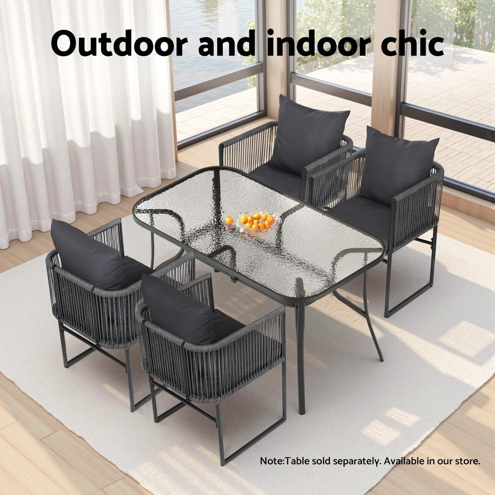 Wulfrun Set of 2 Outdoor Dining Chairs Woven Rope Chair Patio Furniture Garden Steel - Black