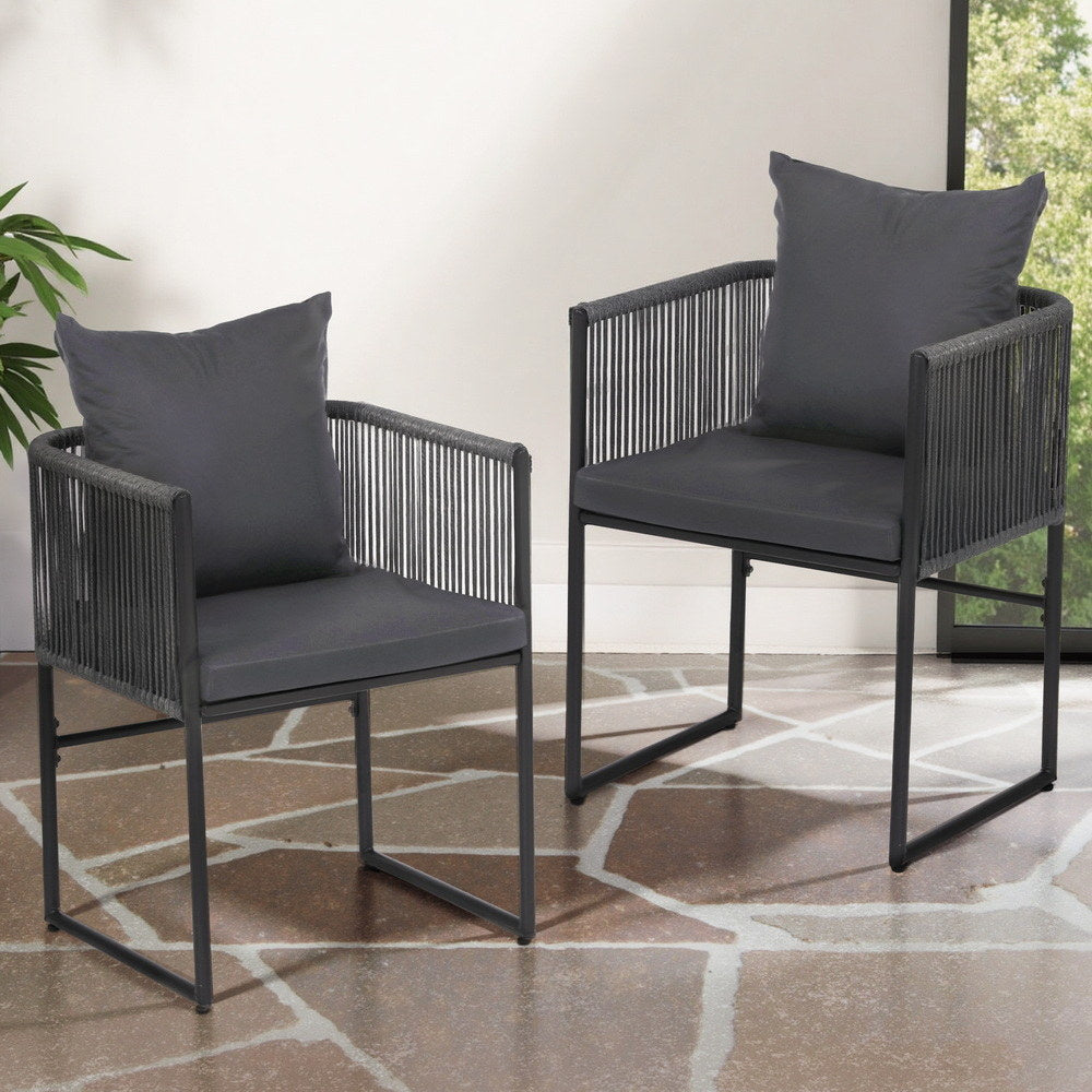 Wulfrun Set of 2 Outdoor Dining Chairs Woven Rope Chair Patio Furniture Garden Steel - Black
