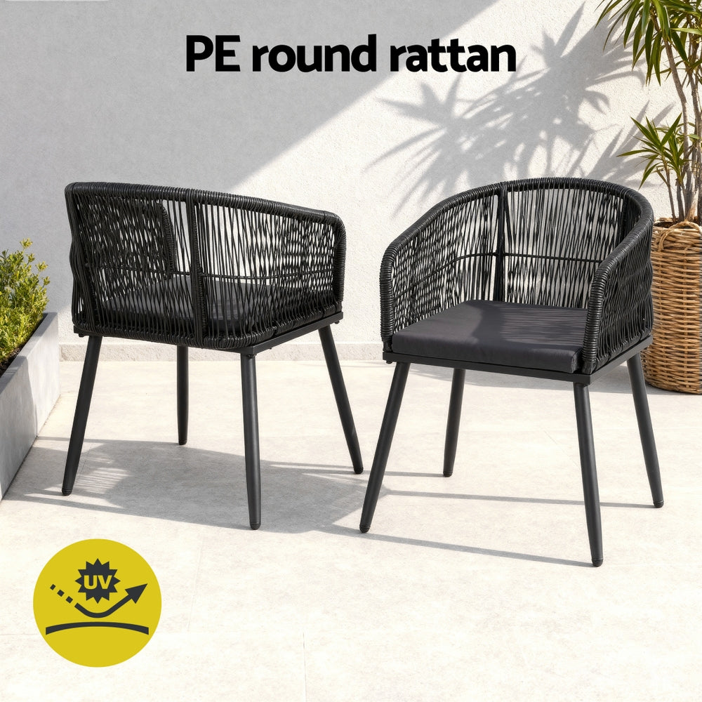 Selwyn Set of 2 Outdoor Dining Chairs Wicker Chair Patio Furniture Garden Steel - Black