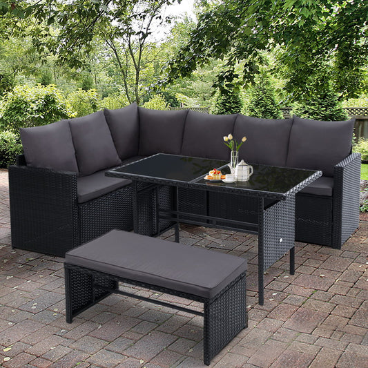 Morgan 8-Seater Furniture Dining Wicker 5-Piece Outdoor Sofa with Storage Cover - Black