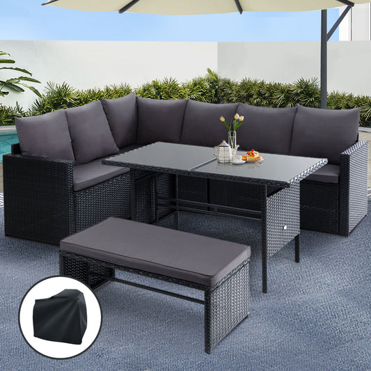 Morgan 8-Seater Furniture Dining Wicker 5-Piece Outdoor Sofa with Storage Cover - Black