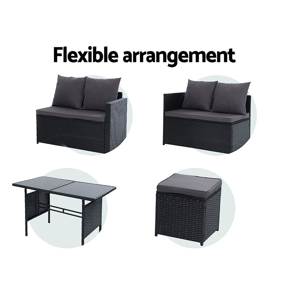 David 9-Seater Furniture Dining Lounge Wicker 5-Piece Outdoor Sofa - Black
