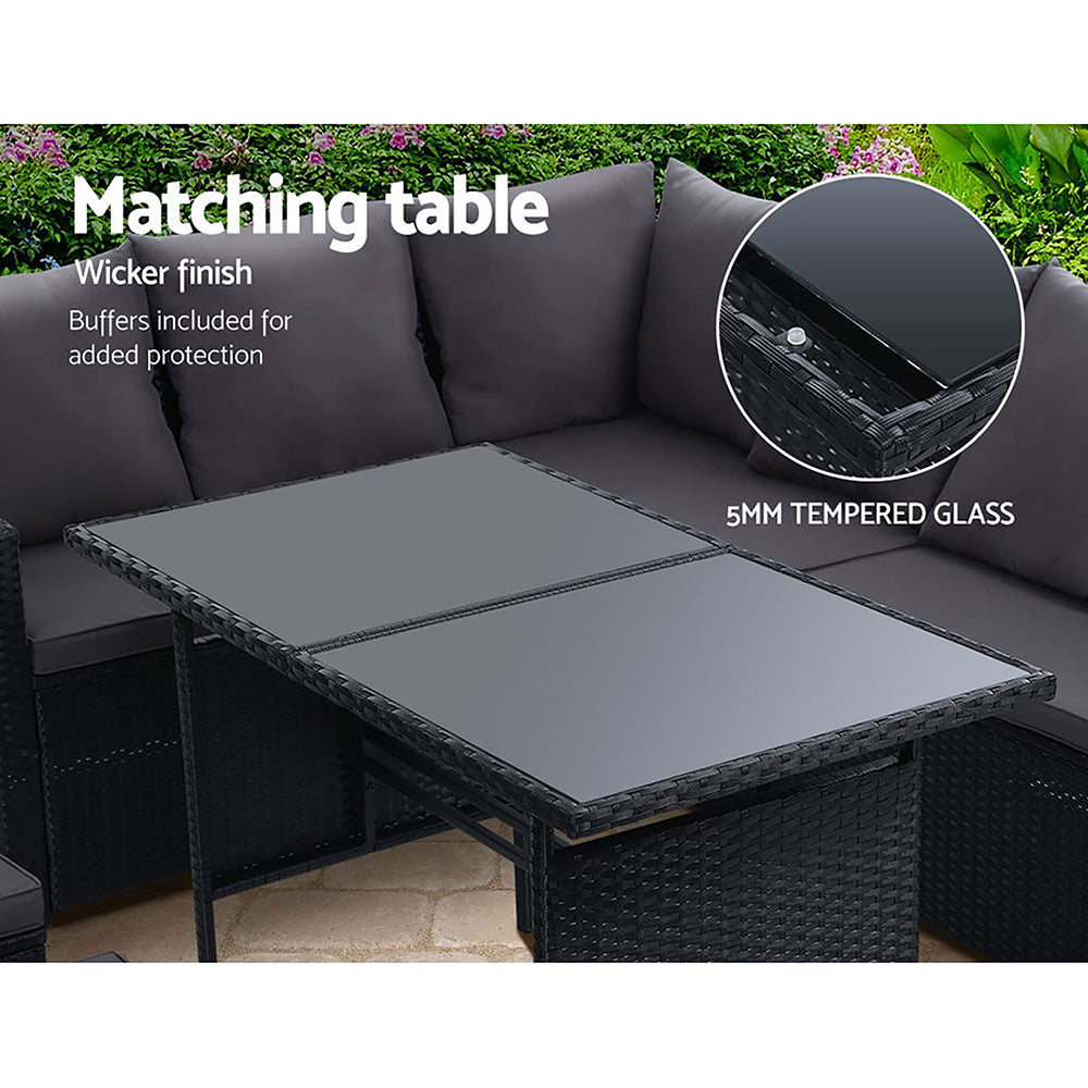 David 9-Seater Furniture Dining Wicker 5-Piece Outdoor Sofa with Storage Cover - Black