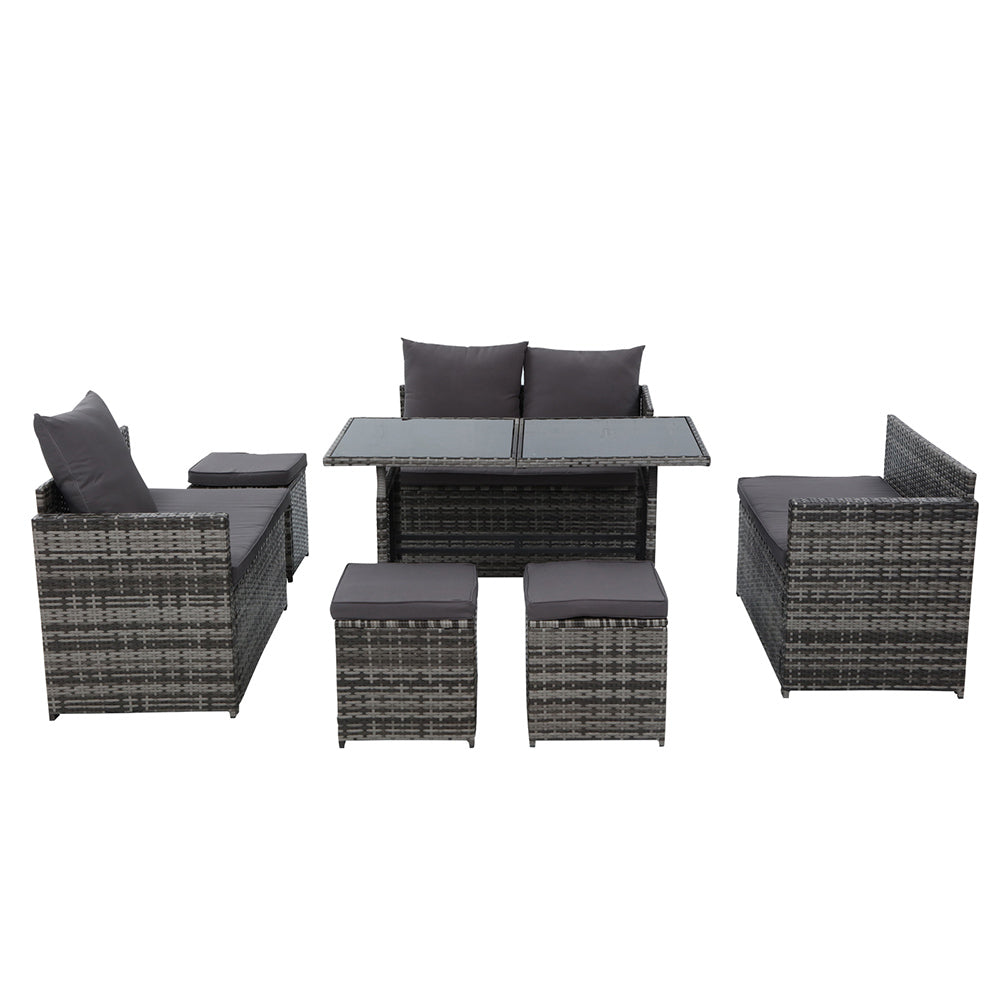 David 9-Seater Furniture Dining Wicker 5-Piece Outdoor Sofa with Storage Cover - Mixed Grey