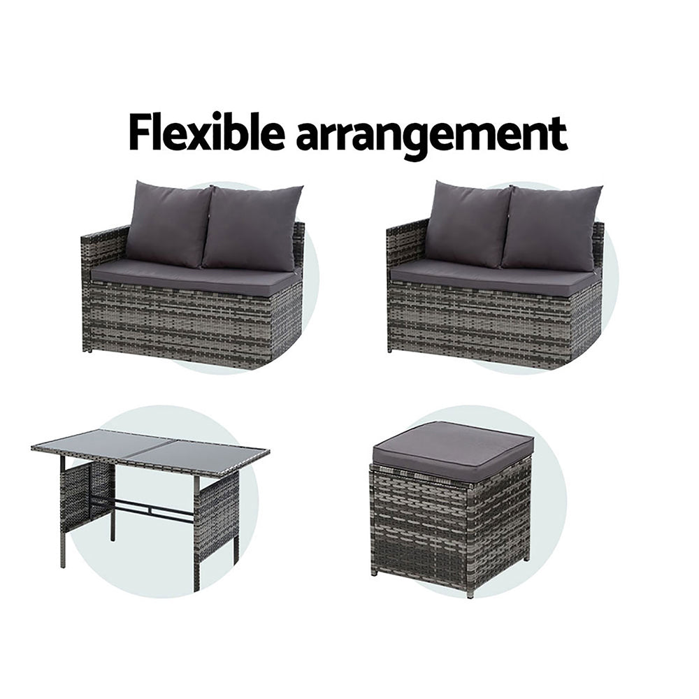 David 9-Seater Furniture Dining Wicker 5-Piece Outdoor Sofa with Storage Cover - Mixed Grey