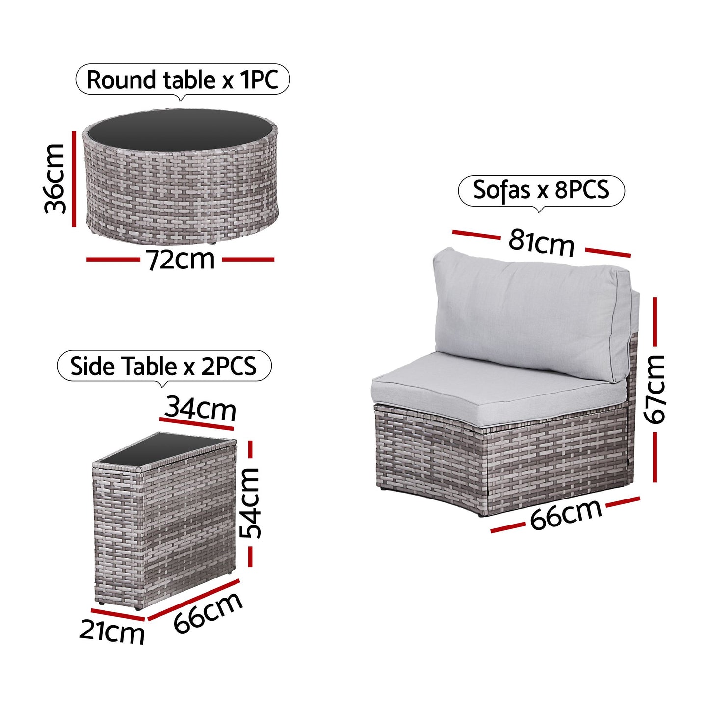Airdrie 8-Seater Outdoor Sofa Set 11-Piece Table Chair Set Garden Rattan Furniture - Grey