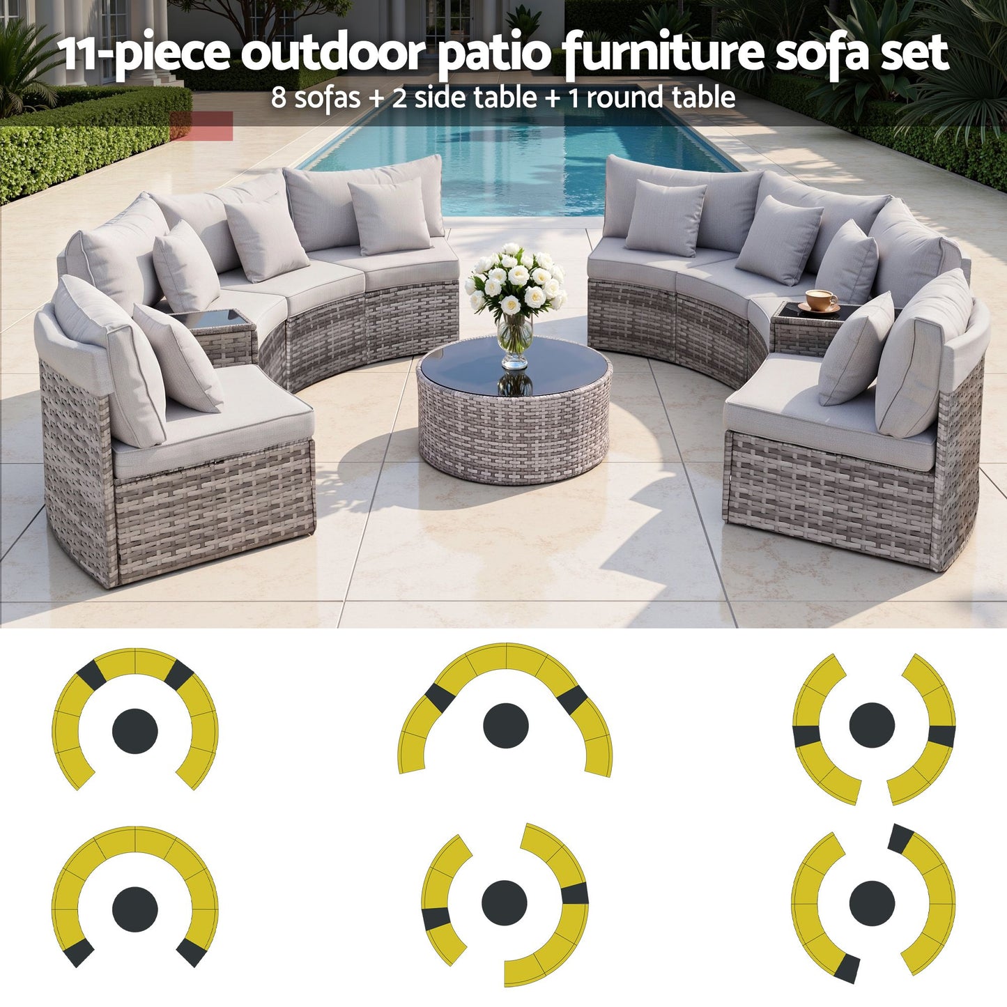 Airdrie 8-Seater Outdoor Sofa Set 11-Piece Table Chair Set Garden Rattan Furniture - Grey