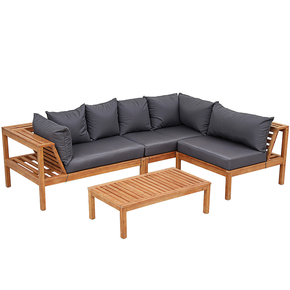Cenburg 5-Seater Outdoor Sofa Set Wooden Bench with Built-in Side Table 4-Piece - Wood Black