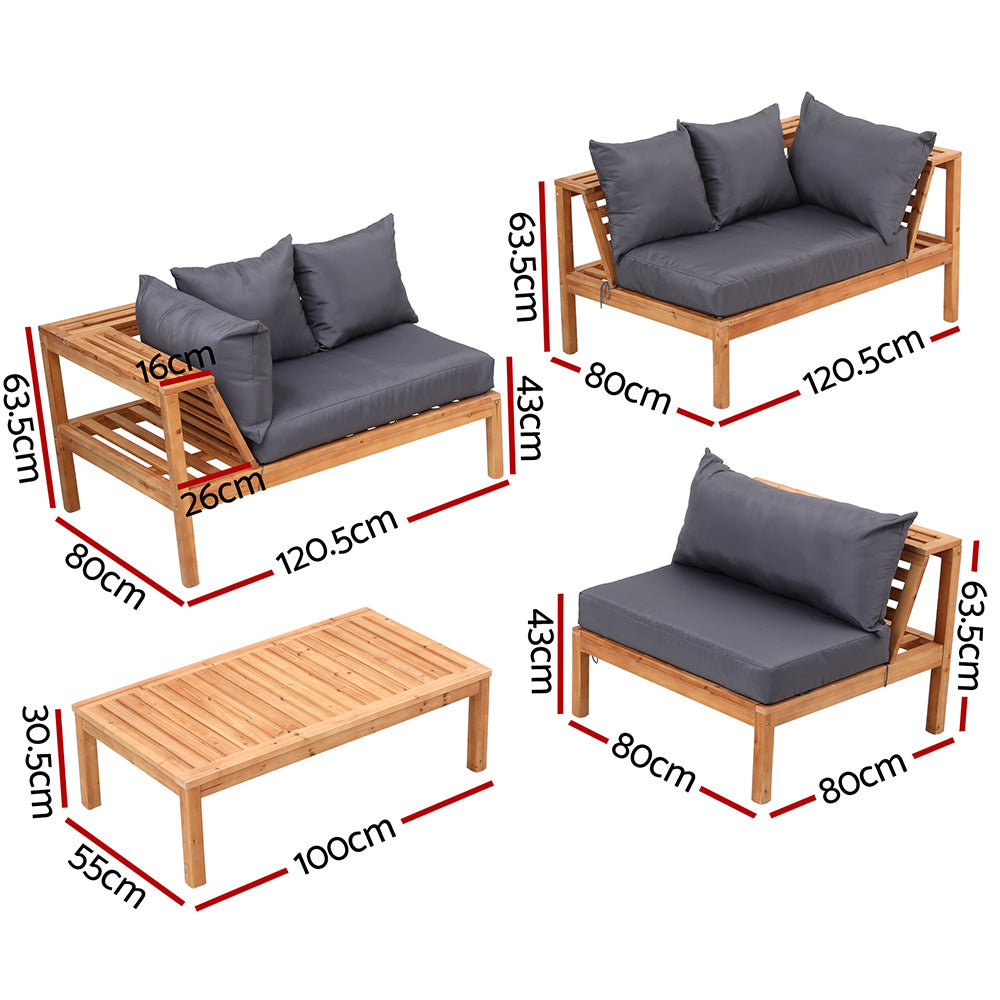 Cenburg 5-Seater Outdoor Sofa Set Wooden Bench with Built-in Side Table 4-Piece - Wood Black