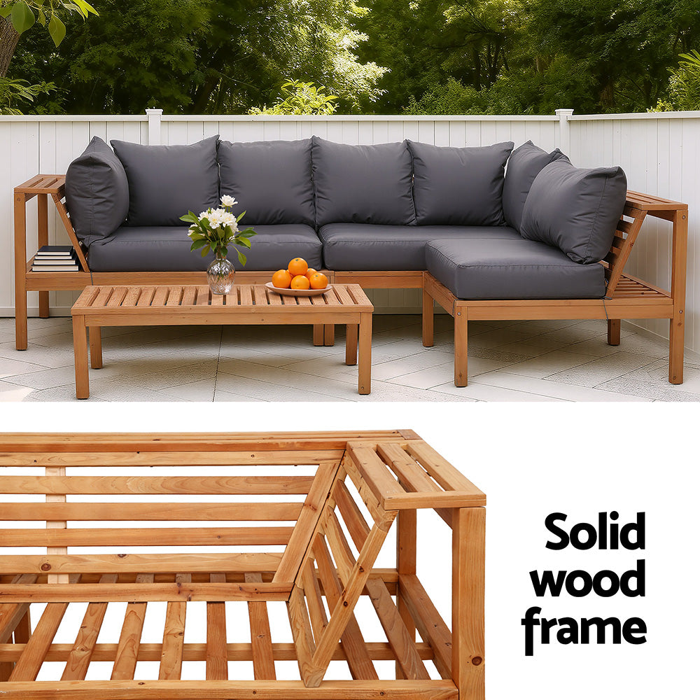 Cenburg 5-Seater Outdoor Sofa Set Wooden Bench with Built-in Side Table 4-Piece - Wood Black
