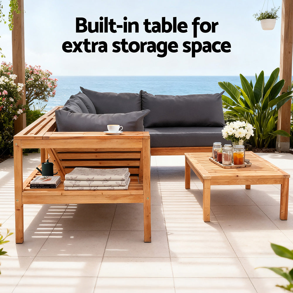 Cenburg 5-Seater Outdoor Sofa Set Wooden Bench with Built-in Side Table 4-Piece - Wood Black