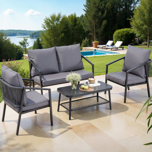 Tavian 4-Seater Table Chair Setting Patio Furniture 4-Piece Outdoor Sofa Set - Grey