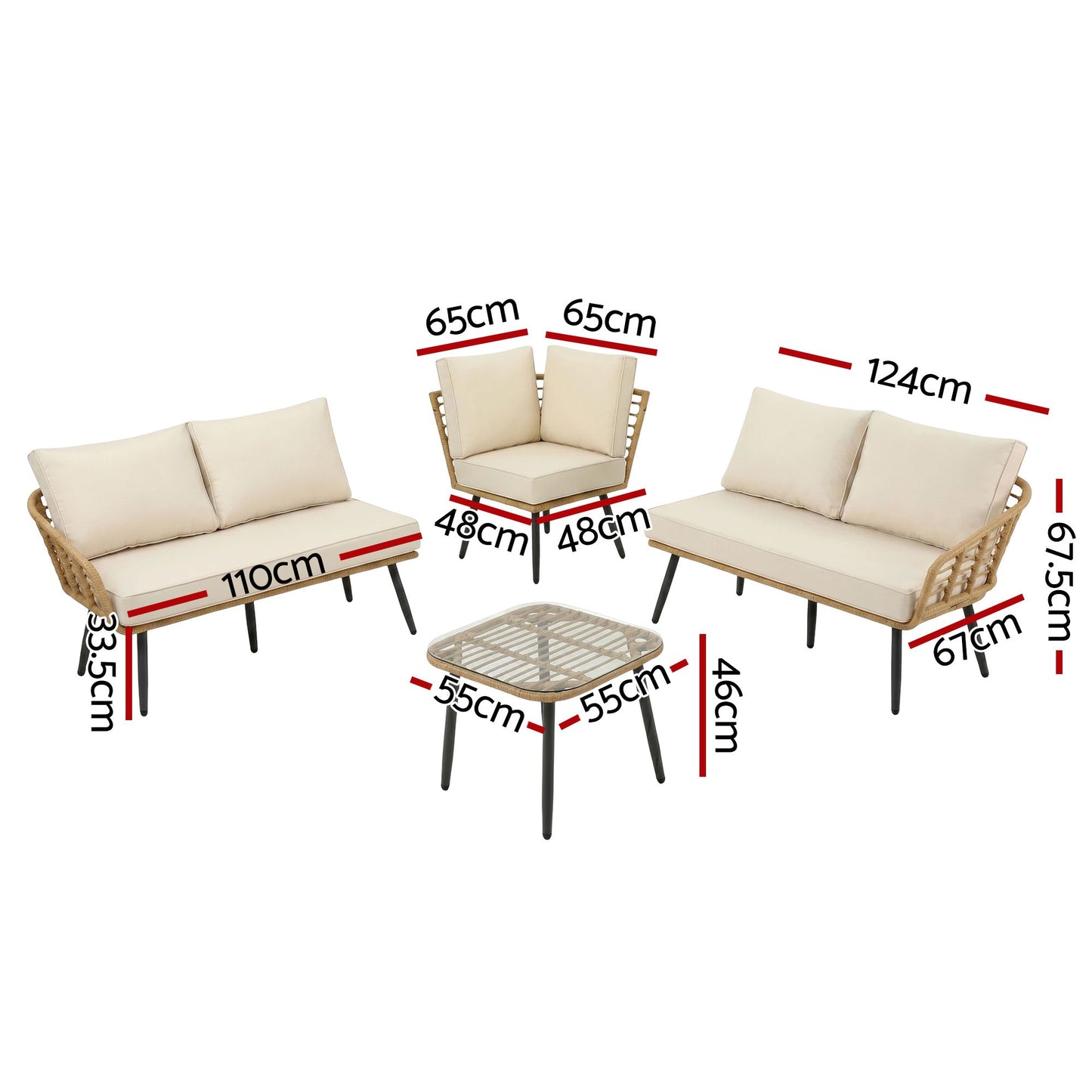 Branor 5-Seater Modular Outdoor Sofa Set with Cushions Rattan Furniture 4-Piece - Natural