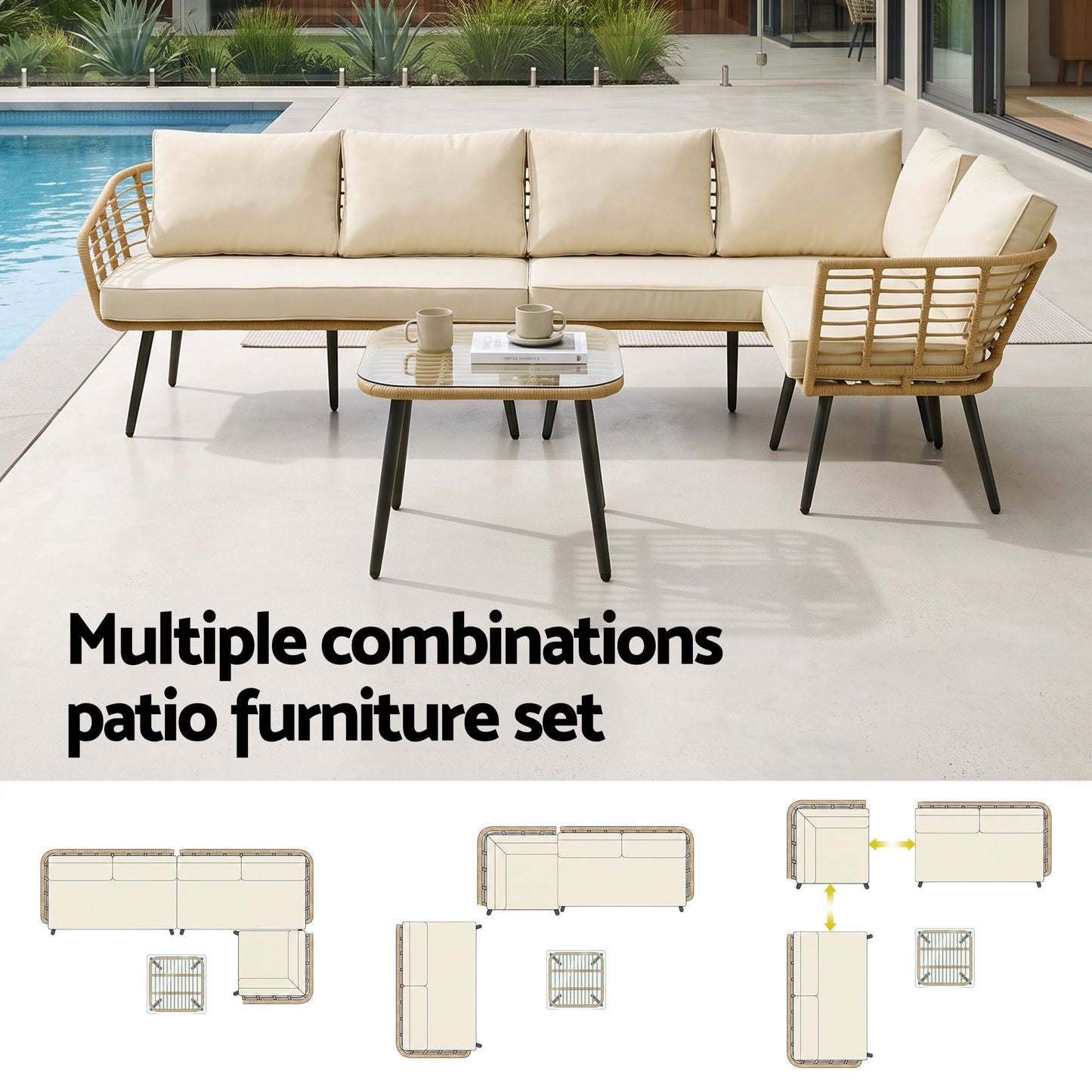 Branor 5-Seater Modular Outdoor Sofa Set with Cushions Rattan Furniture 4-Piece - Natural