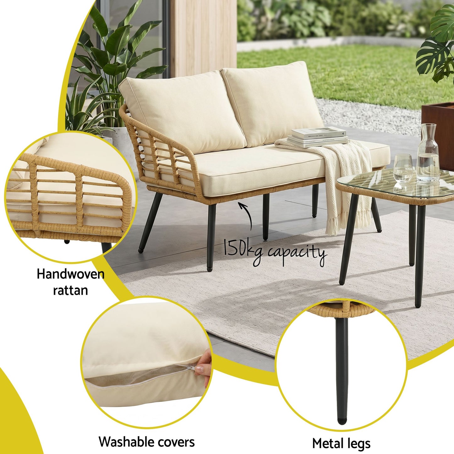 Branor 5-Seater Modular Outdoor Sofa Set with Cushions Rattan Furniture 4-Piece - Natural