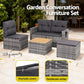 Garden conversation furniture set with gray cushions on a patio, featuring washable covers and handwoven wicker.