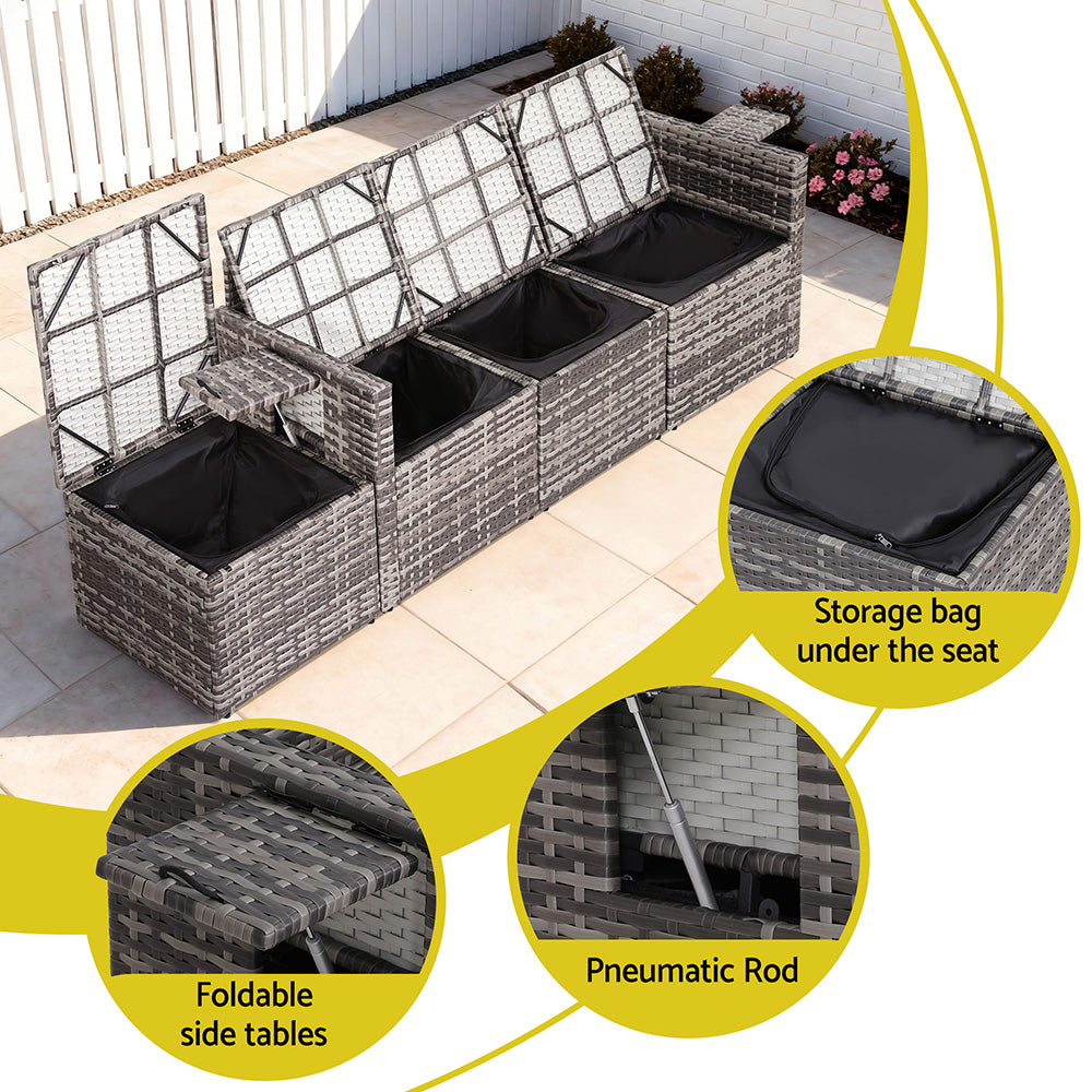 Outdoor bench with storage compartments, foldable side tables, and pneumatic rod, shown with close-ups on a patio.