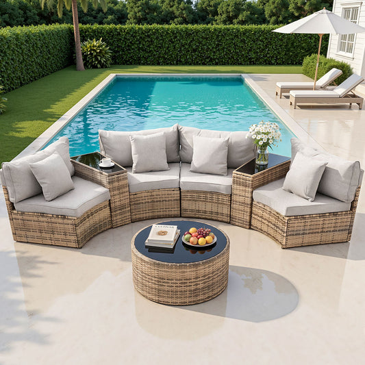 Lyrel 4-Seater Outdoor Sofa Set Table Chair Brown Rattan Patio Furniture 7-Piece - Gbrown