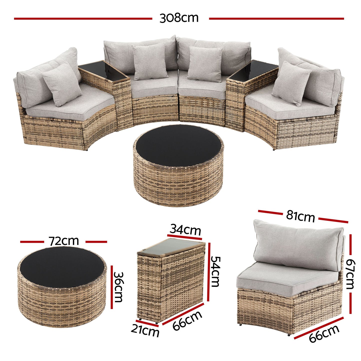 Lyrel 4-Seater Outdoor Sofa Set Table Chair Brown Rattan Patio Furniture 7-Piece - Gbrown