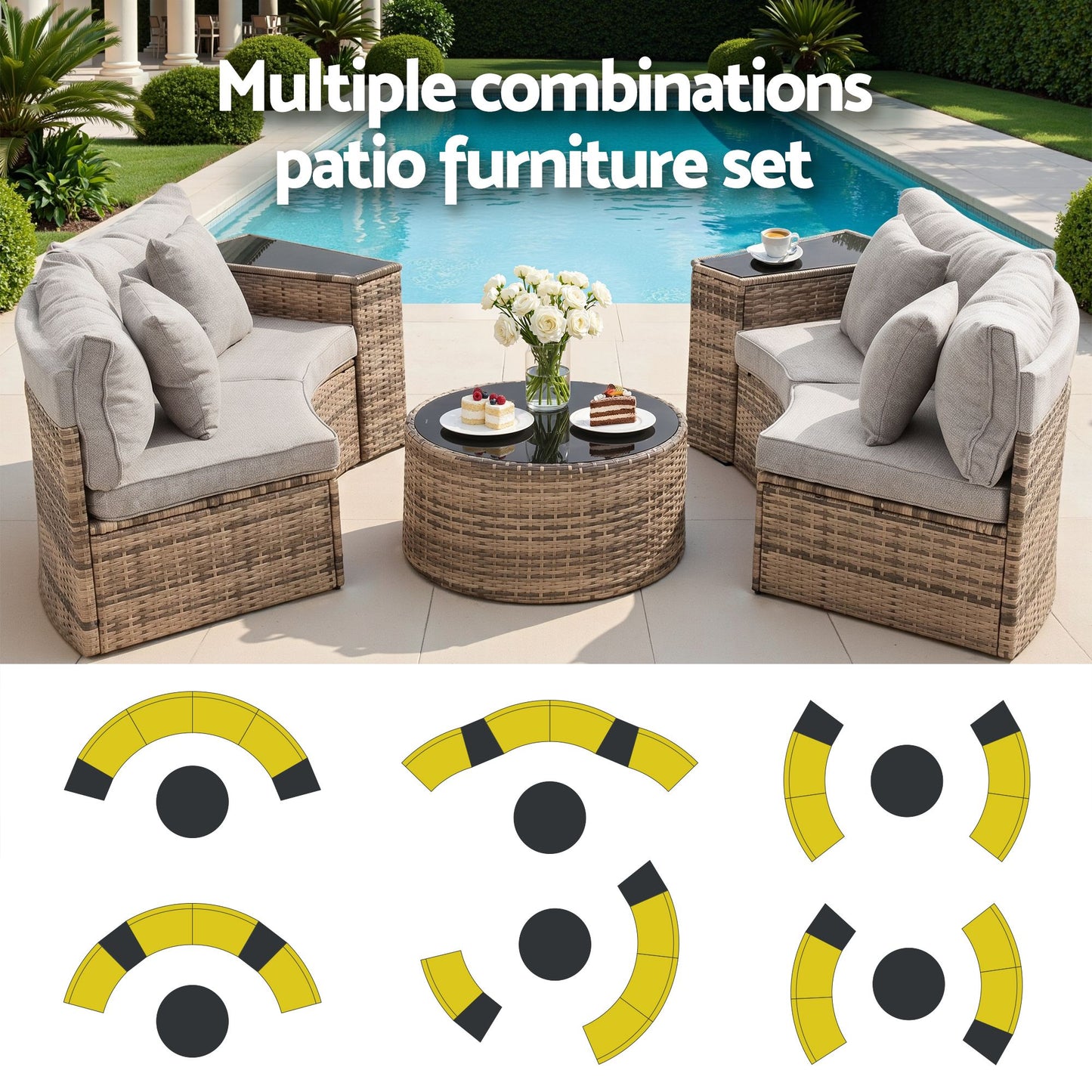 Lyrel 4-Seater Outdoor Sofa Set Table Chair Brown Rattan Patio Furniture 7-Piece - Gbrown