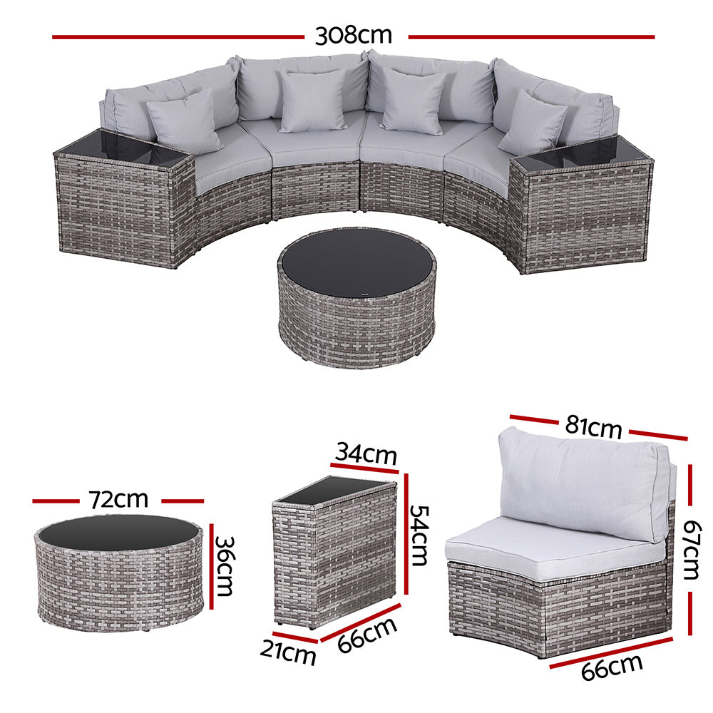 Outdoor furniture set with dimensions displayed on a white background