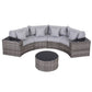 Outdoor patio furniture set with gray cushions and a round table on a white background