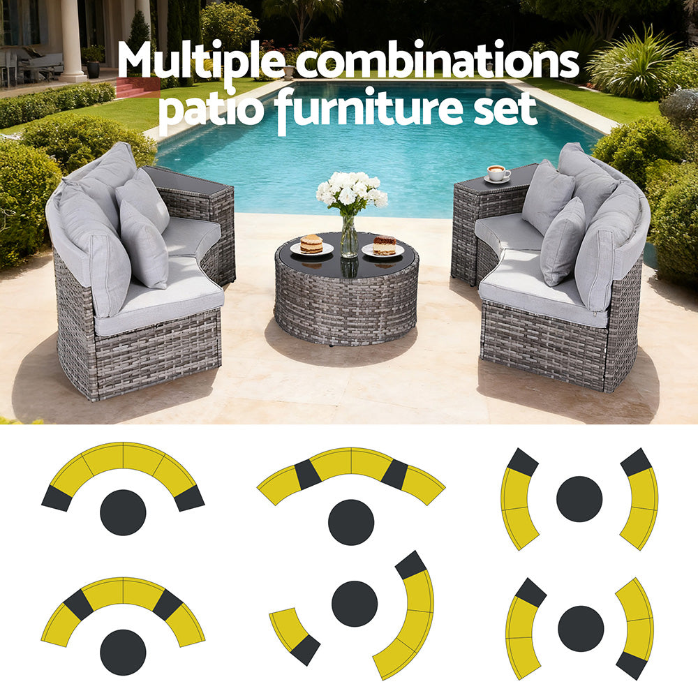 Patio furniture set with multiple arrangement options shown below.